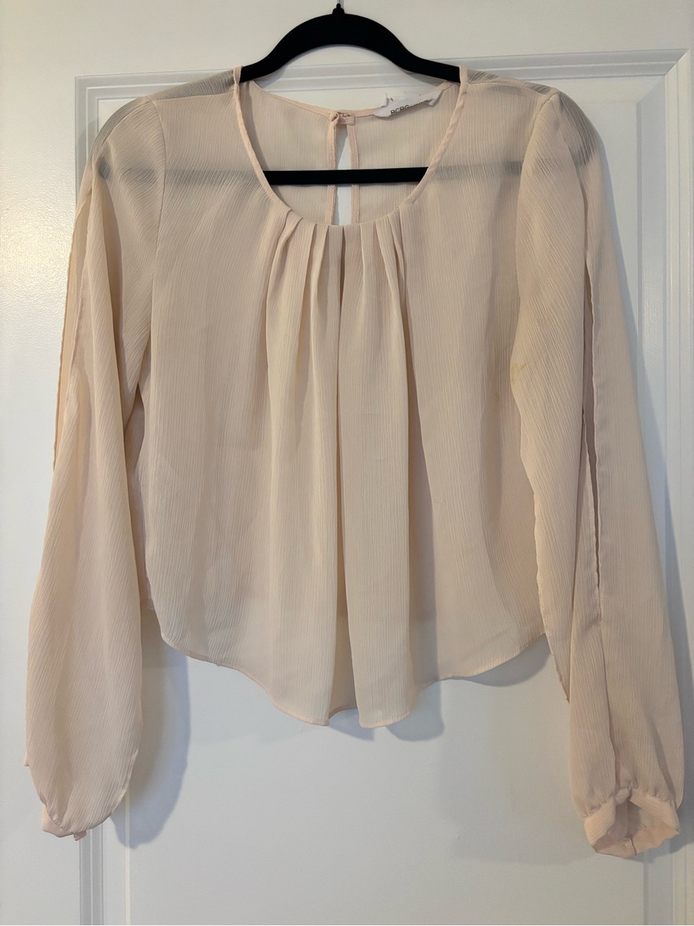 BCBGeneration Sheer Pleated Long-Sleeve Blouse in Light Pink